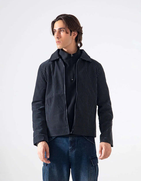 STRIPED FAUX LEATHER ZIPPER JACKET